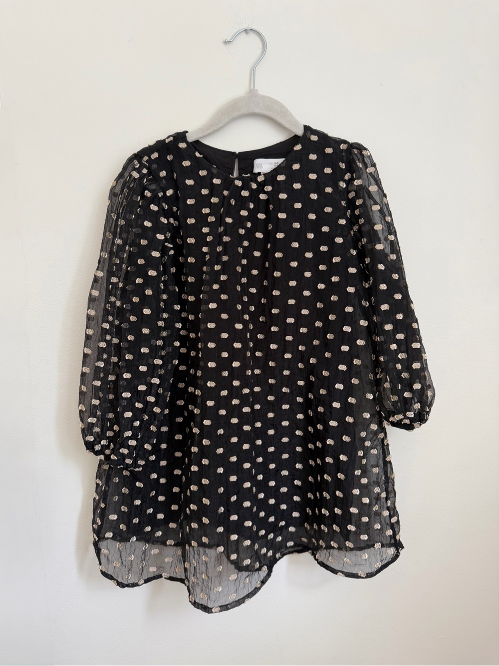 Zara Black & Gold Sheer Dot Long-Sleeve Dress (Size 4-5)